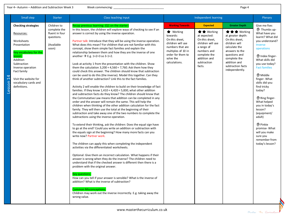 Addition and Subtraction - Checking strategies - Planning