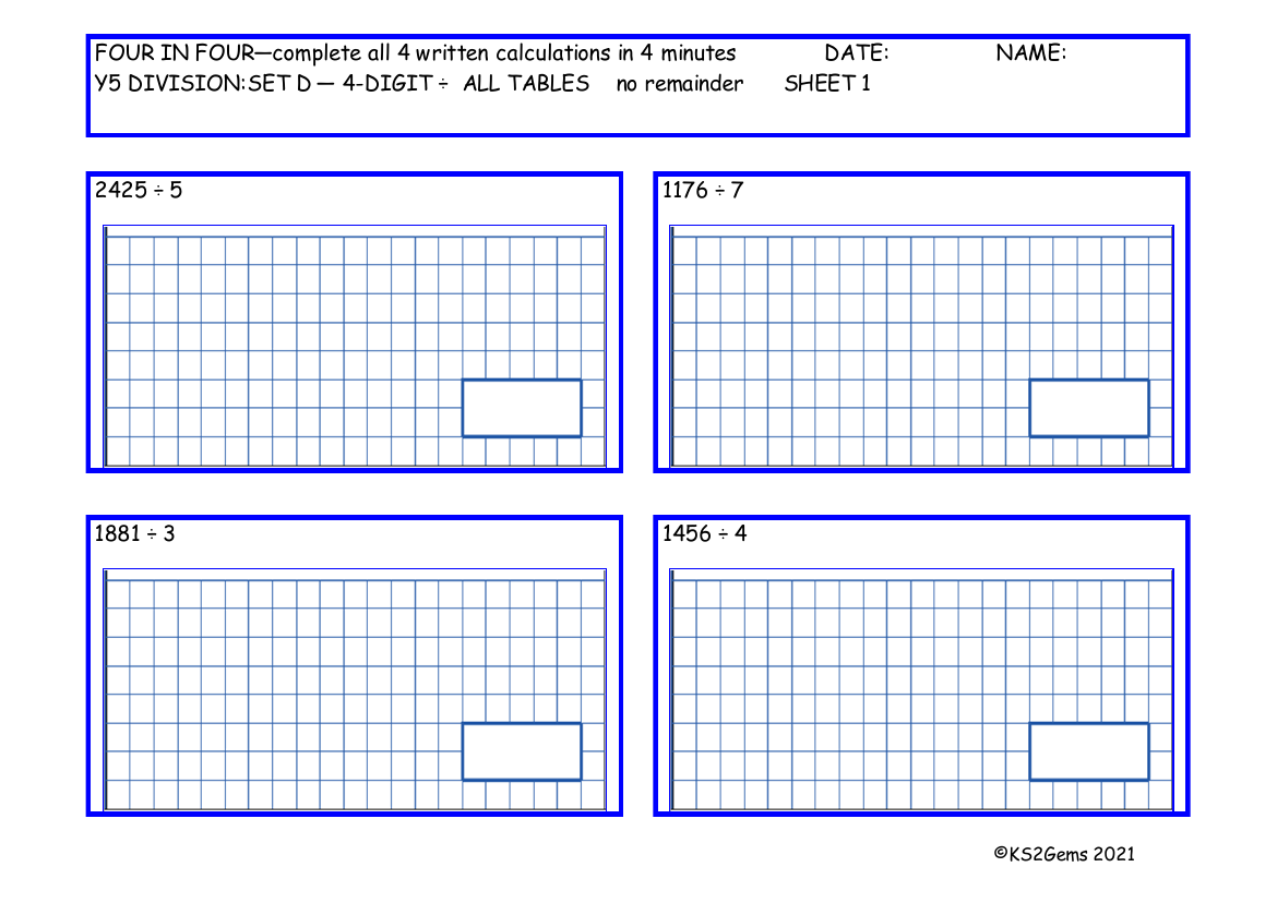 Four in Four Division Set D 4 digit number -  All Tables no remainder