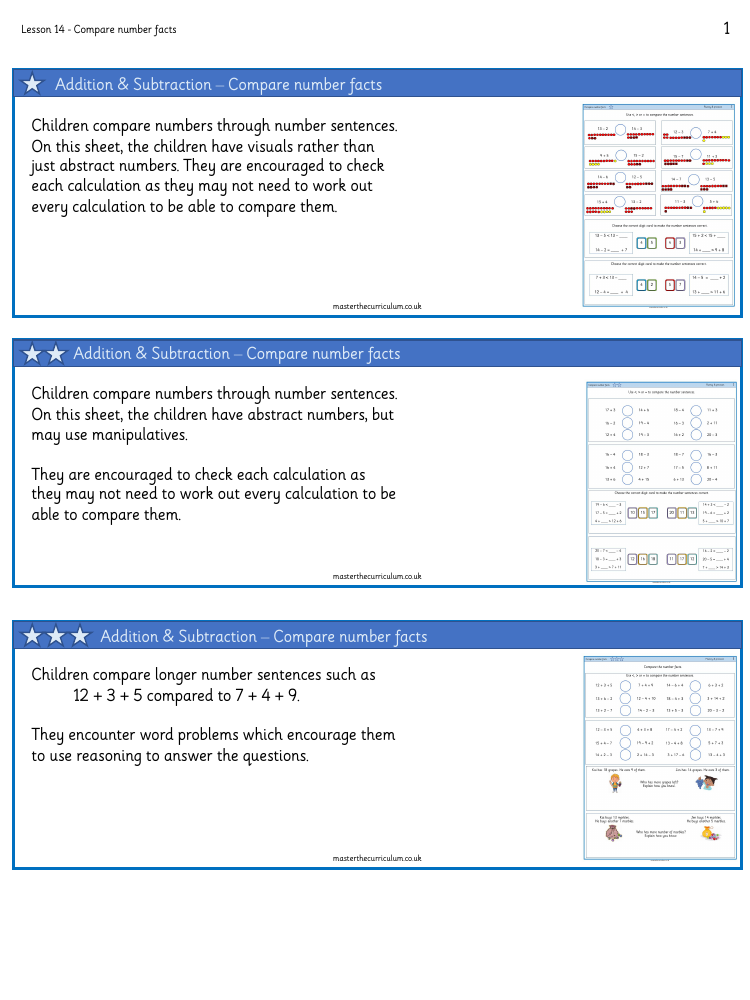 Addition and subtraction within 20 - Compare number sentences - Worksheet