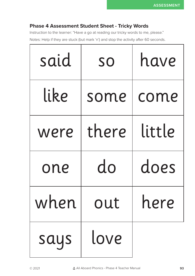 Phonics Phase 4 Assessment Student Sheet - Tricky Words - Resource