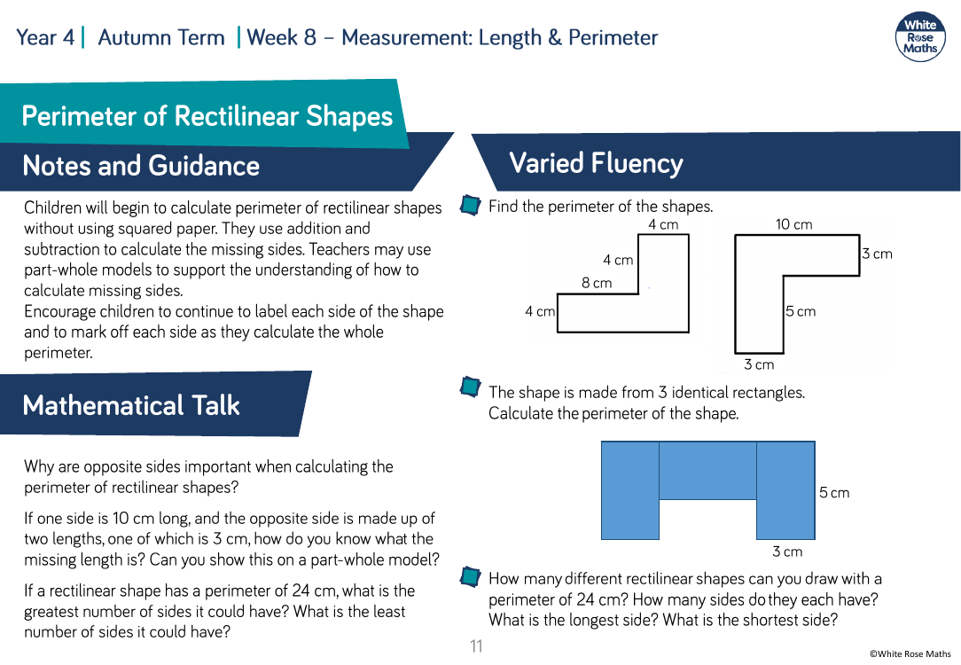 Perimeter of rectilinear shapes: Varied Fluency