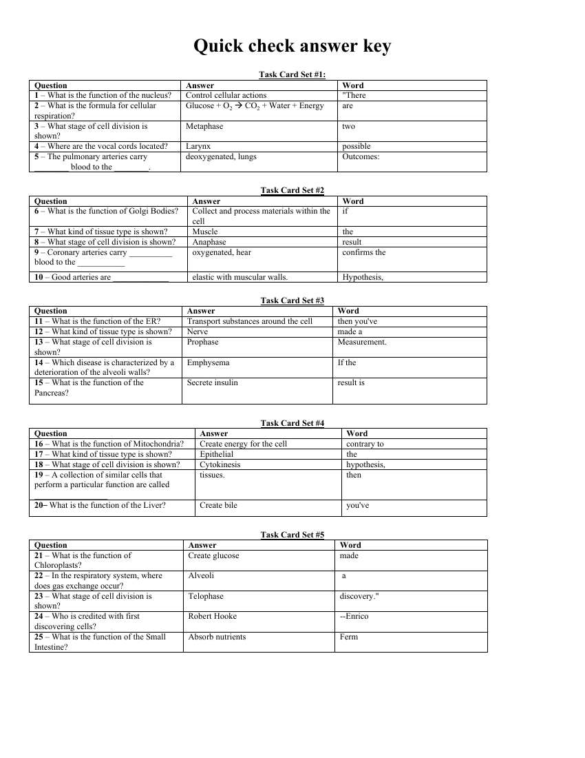 Cells and Body Systems - Task Card Answer Key