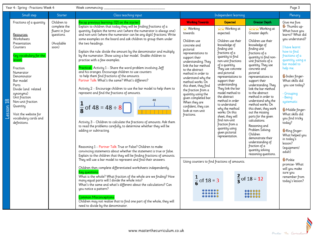 Fractions - Fractions of a quantity - Planning