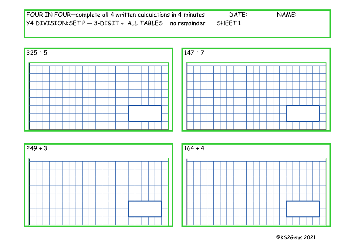 Four in Four -  Division Set P 3 digit number - All Tables no remainder