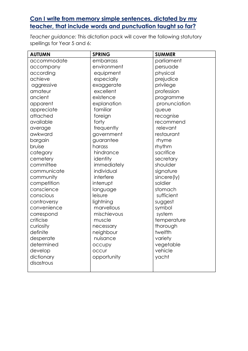 4th Grade and 5th Grade Autumn Term Spellings Dictation - Worksheet