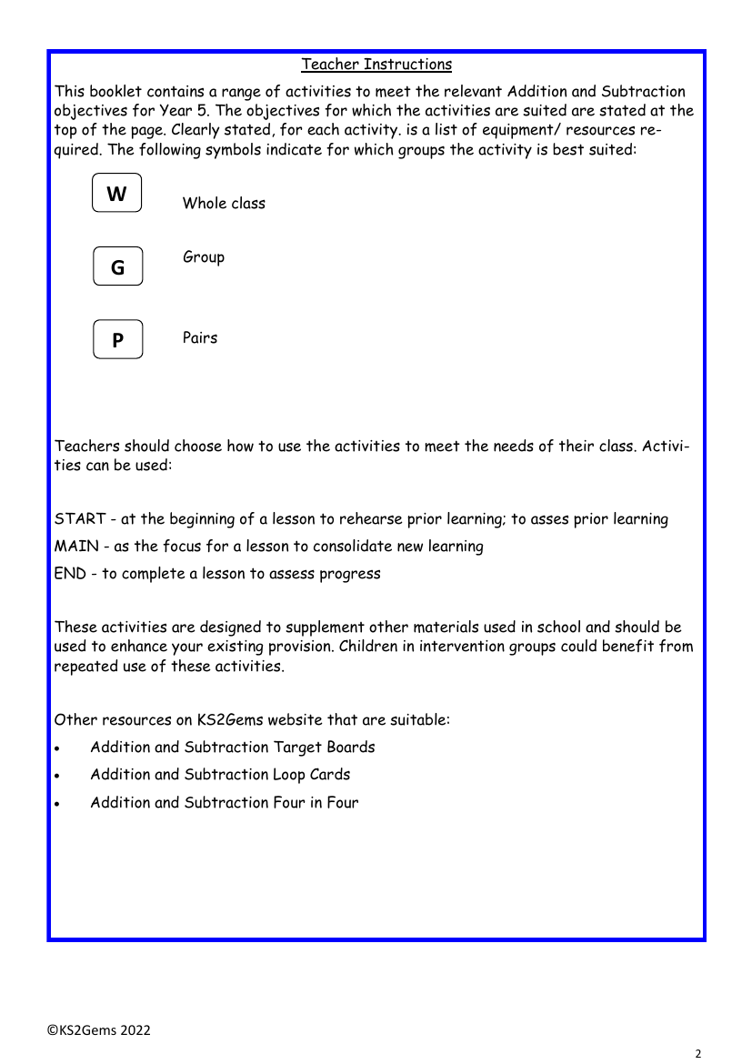 Addition and subtraction teacher instructions