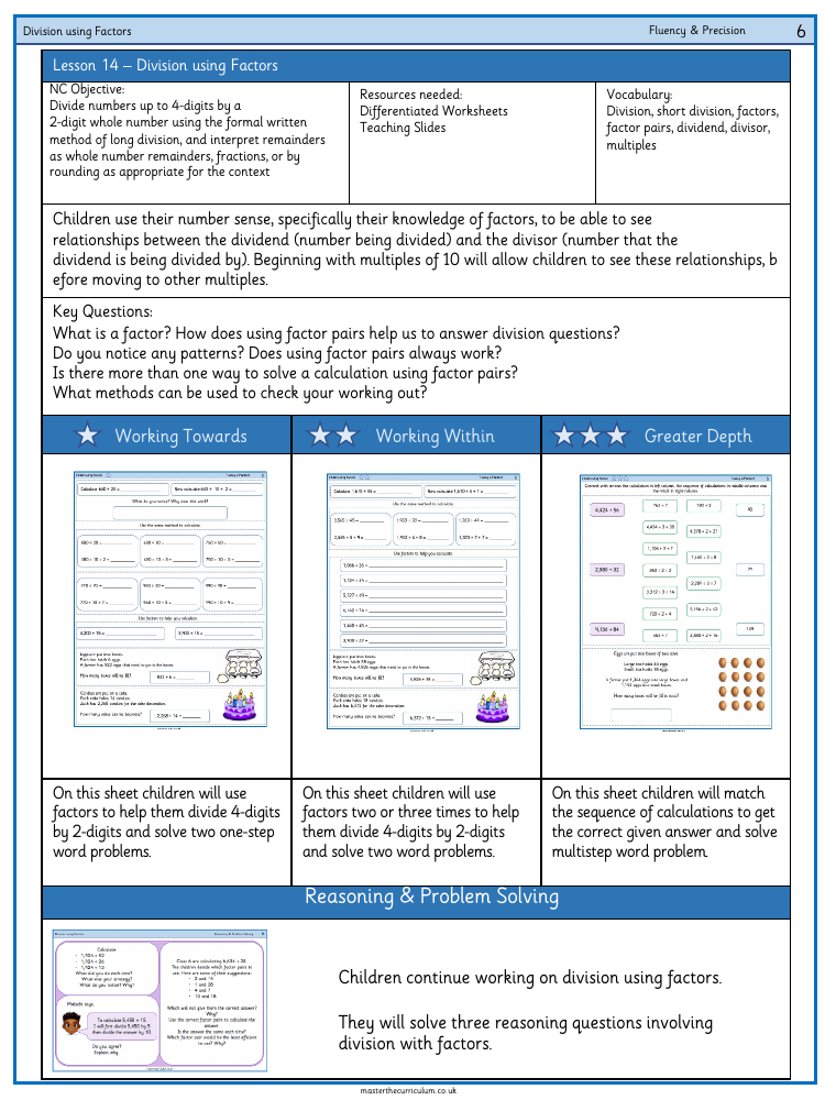 Addition, Subtraction, Multiplication and Division - Division using Factors - Worksheet