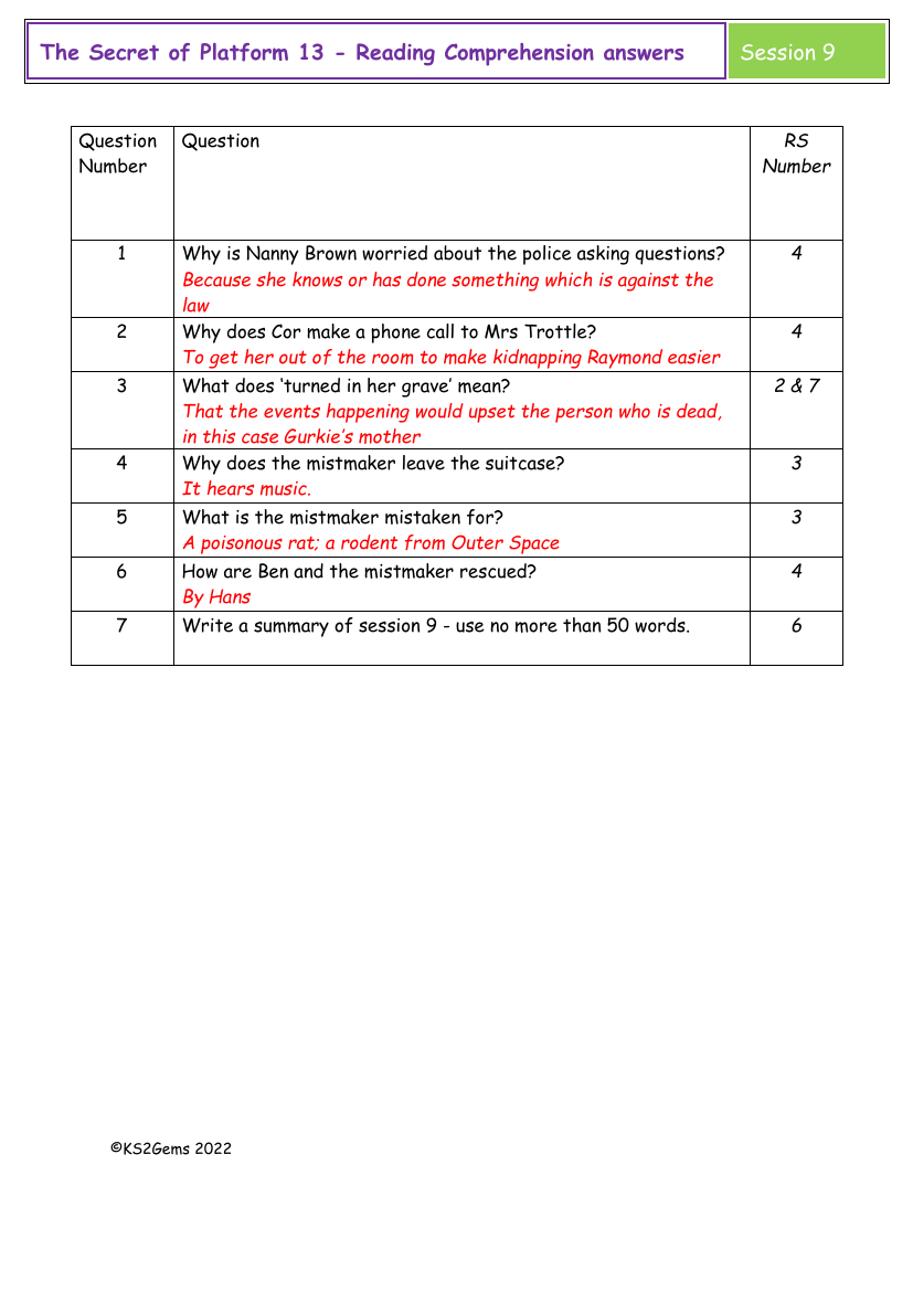 The Secret of Platform 13 - Session 9 - Reading Comprehension answers