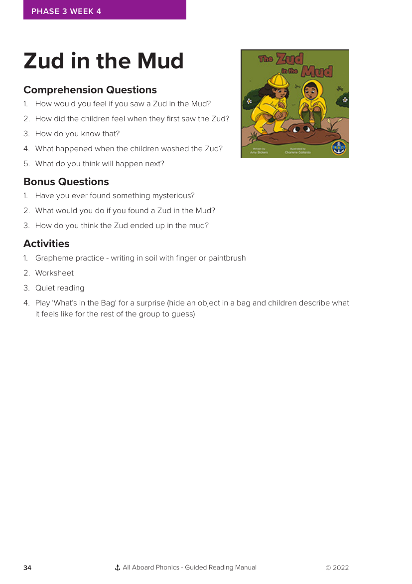 Week 4, Guided Reading "Zud in the Mud" - Phonics Phase 3 - Worksheet