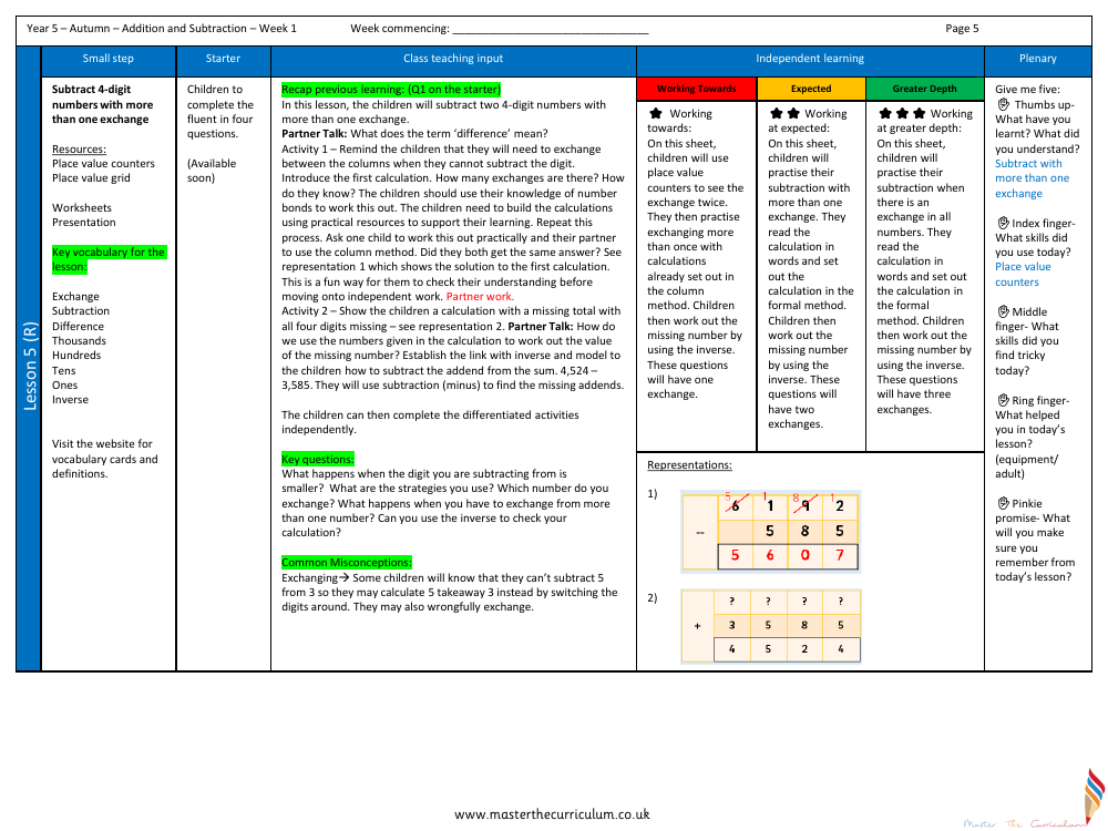 Addition and Subtraction - Subtract two 4-digit numbers ( more than one exchange - Planning