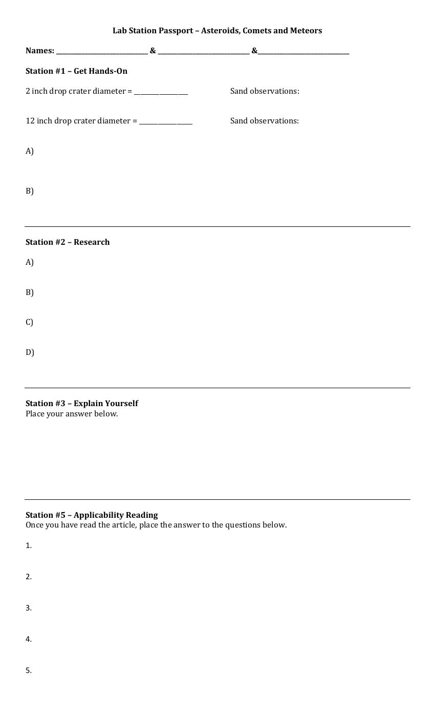 Asteroids, Comets and Meteors - Lab Station Passport