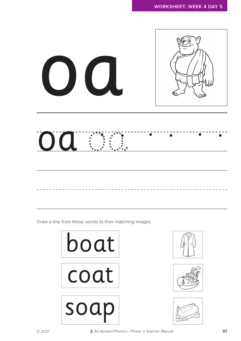 Week 4, lesson 5 Letter formation - "oa" - Phonics Phase 3  - Worksheet