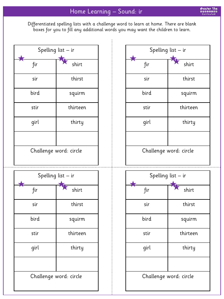 Spelling - Home learning - Sound ir