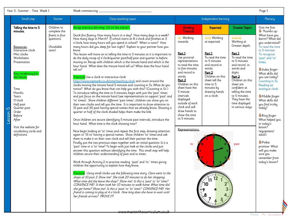 Time - Telling the time to 5 minutes - Planning