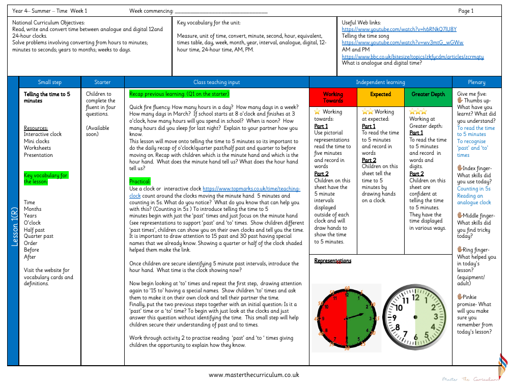 Time - Telling the Time to 5 Minutes - Planning