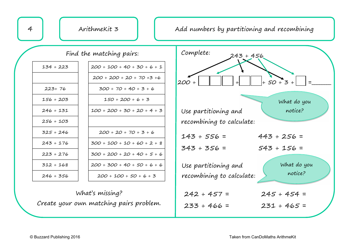 Add numbers by partitioning and recombining