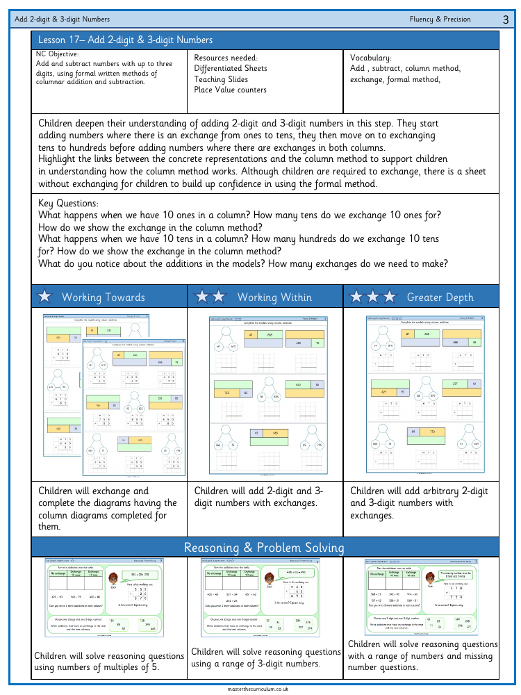 Addition and subtraction - Add a two-digit and ​three-digit number crossing 10 or 100​ - Worksheet