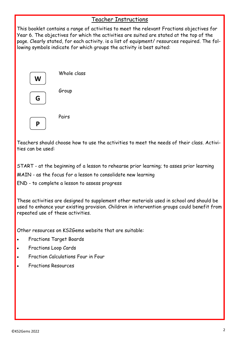 Fractions teacher instructions