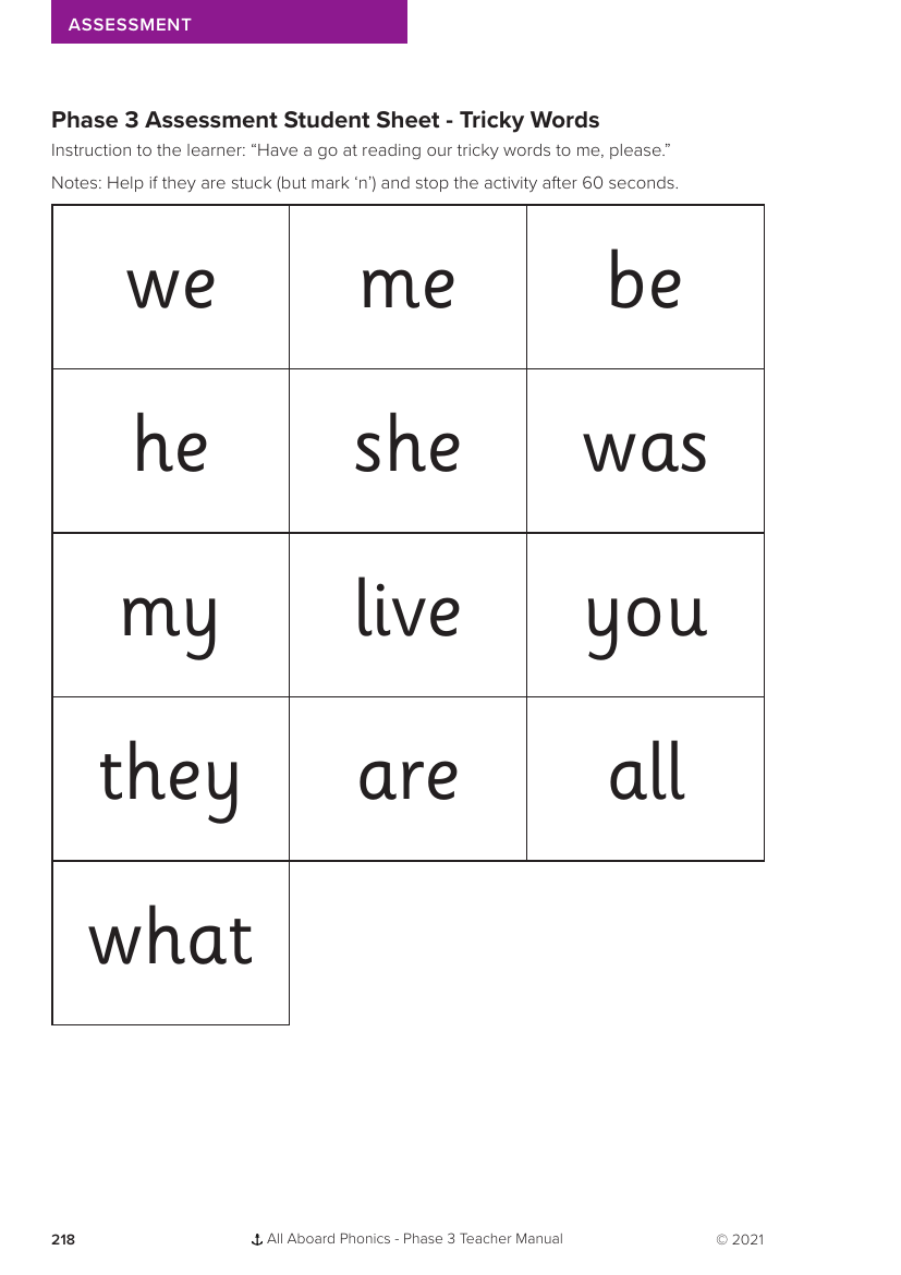 Phase 3 Assessment Student Sheet - Tricky Words - Phonics Phase 3 - Resource