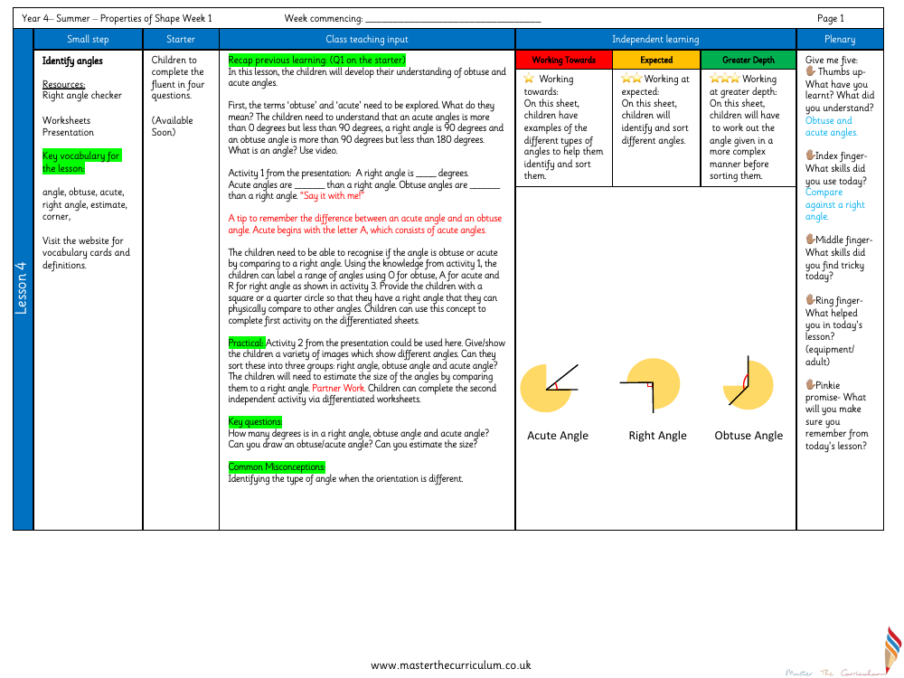 Properties of Shape - Identify Angles - Planning