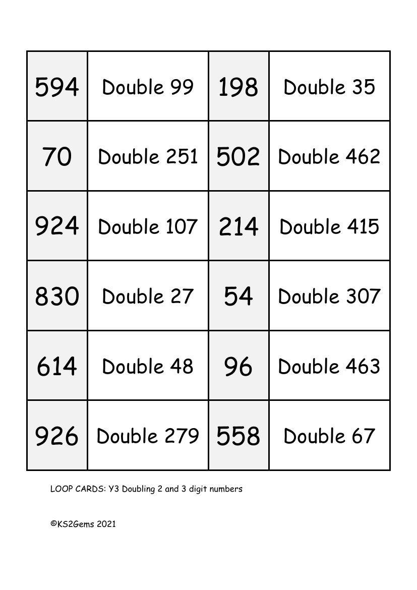Loop Card Game - Doubling 2 and 3 digit numbers
