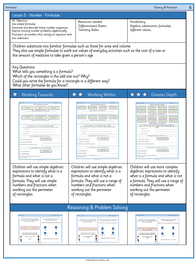 Algebra - Formulae - Worksheet