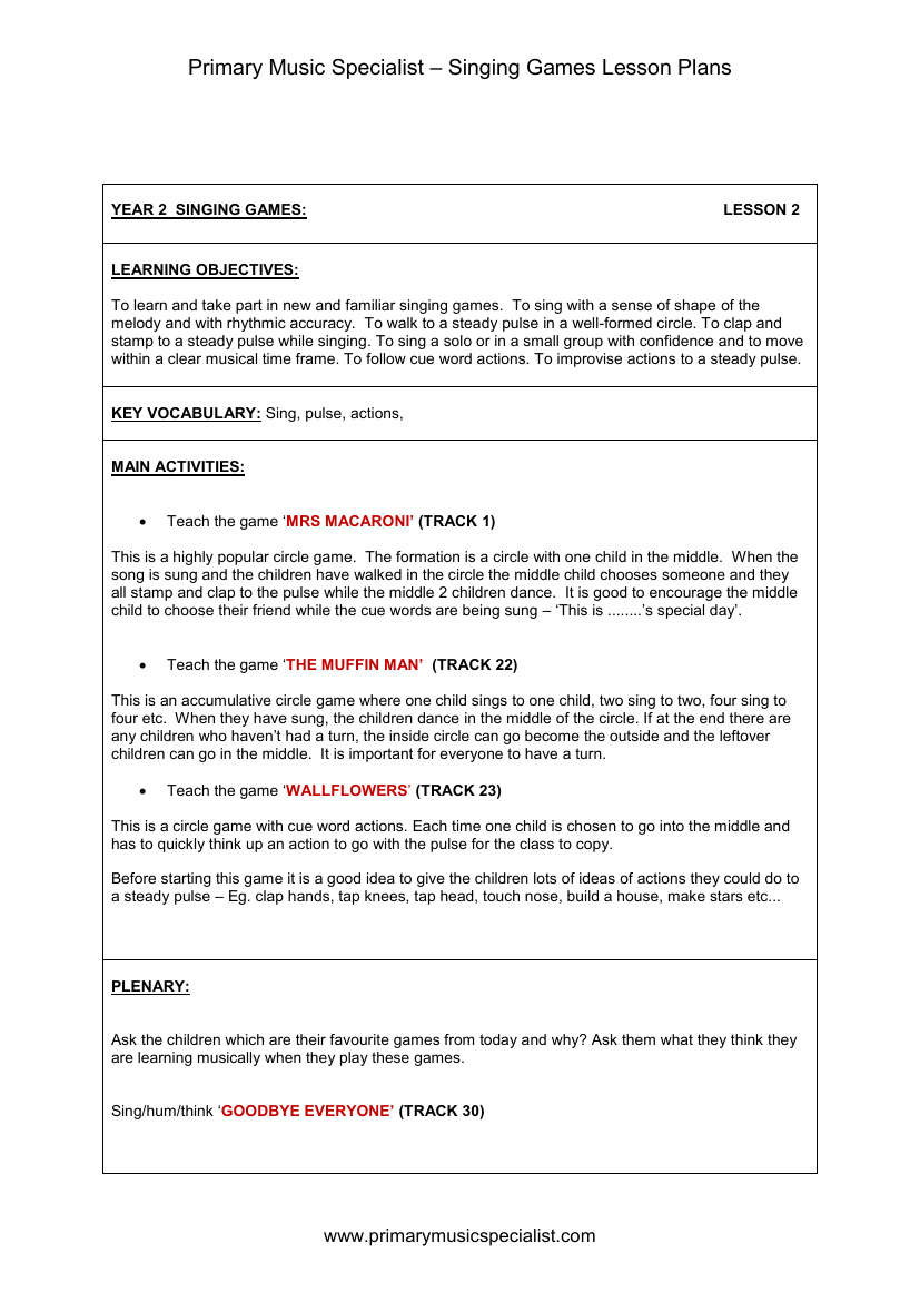 Singing Games Lesson Plan - Year 2 Lesson 2