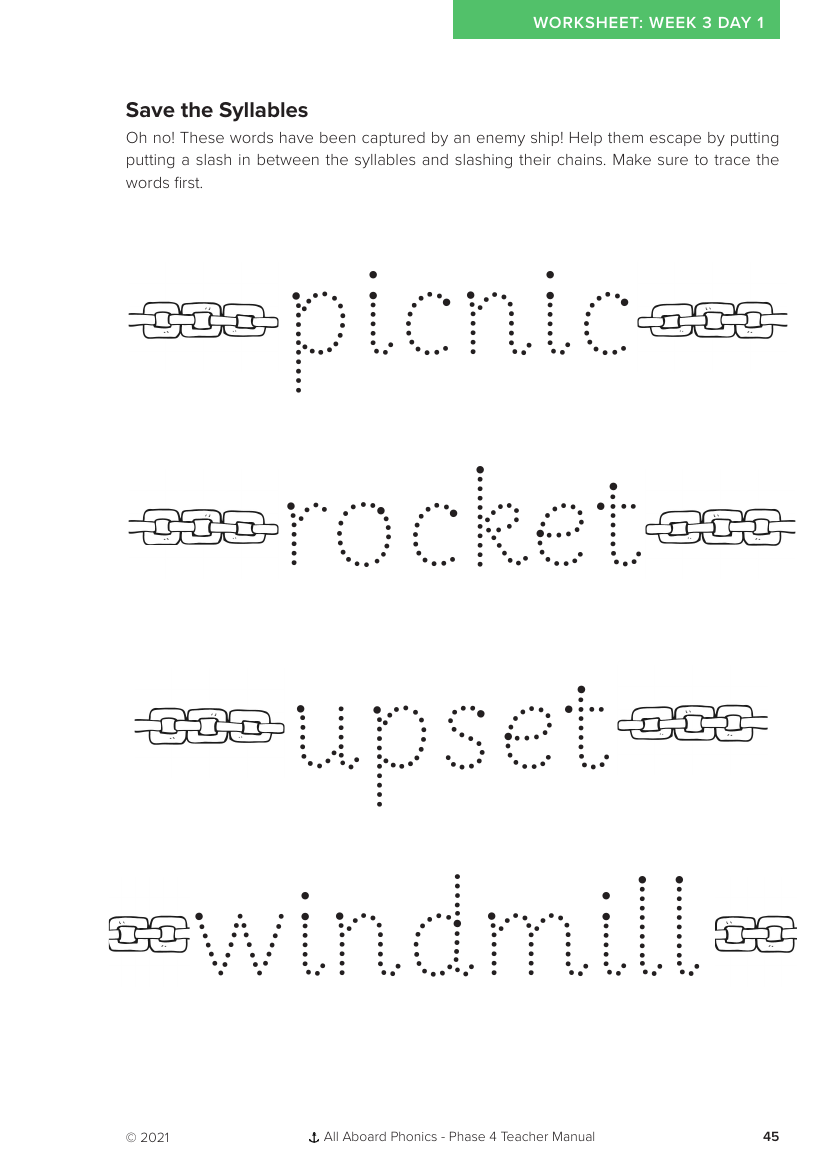 Week 3, lesson 1 Save the Syllables letter formation and syllable activity - Phonics Phase 4 - Worksheet