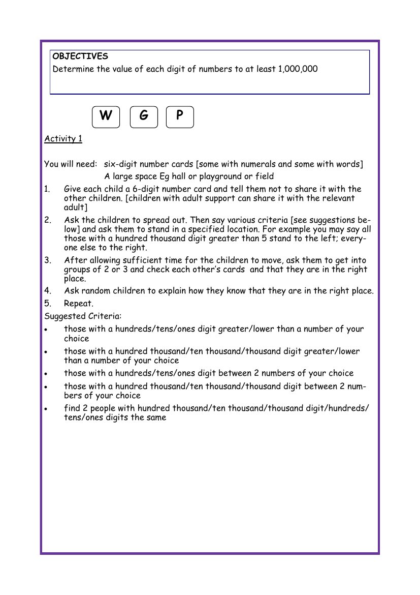 Digit value in numbers up to 1,000,000 worksheet