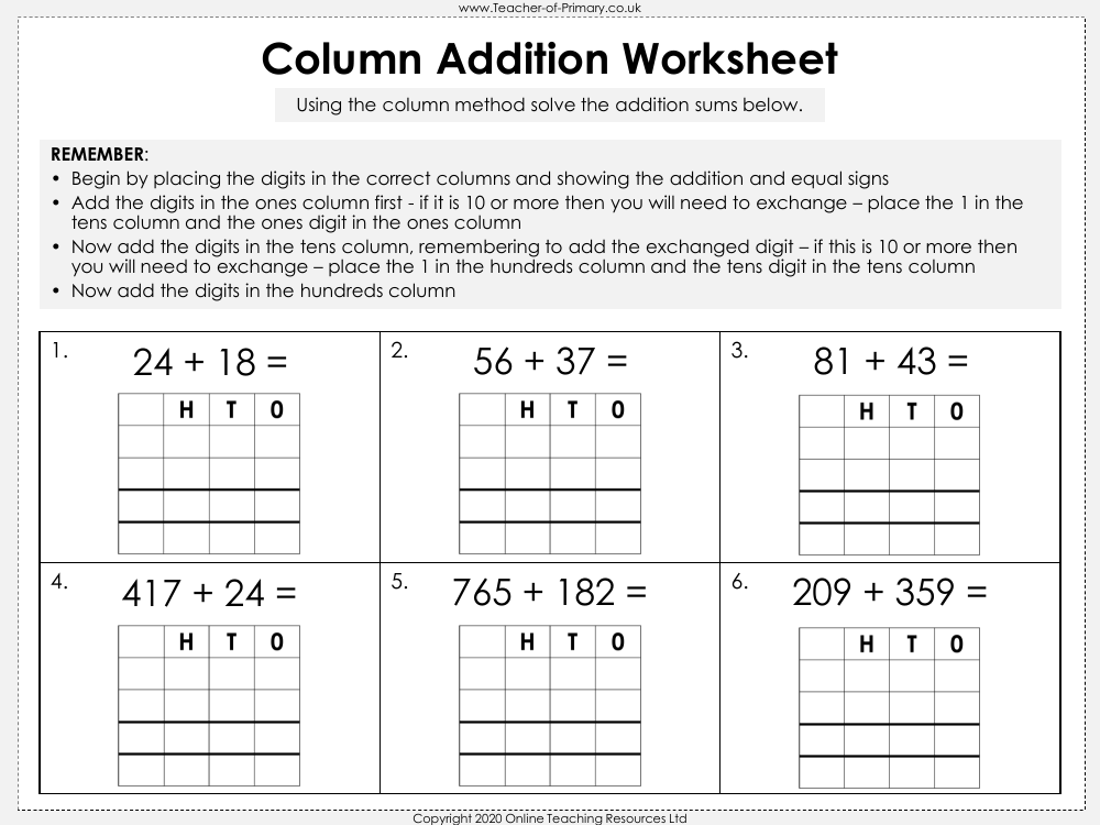 Column Addition 2 - Worksheet