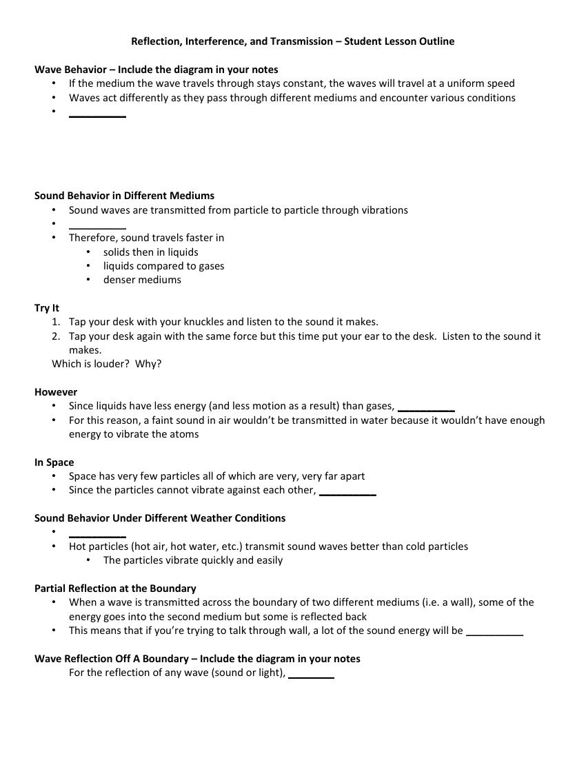 Reflection, Interference, and Transmission - Student Lesson Outline