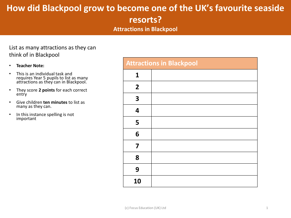 List 10 attractions in Blackpool - Blackpool - Year 5