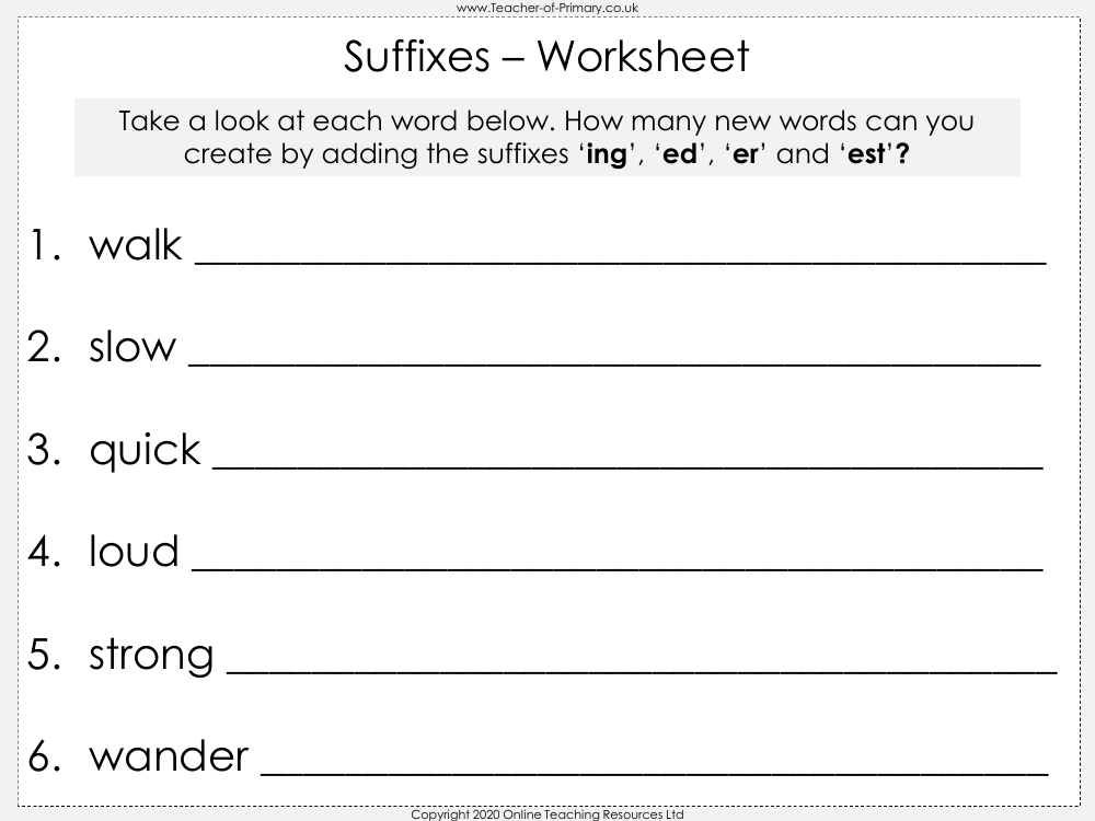 Suffixes - Worksheet
