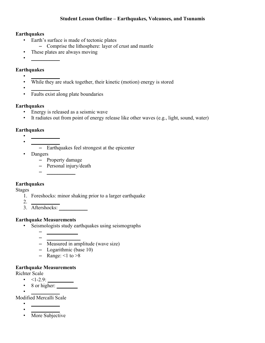 Earthquakes, Volcanoes, and Tsunamis - Middle School Student Lesson Outline