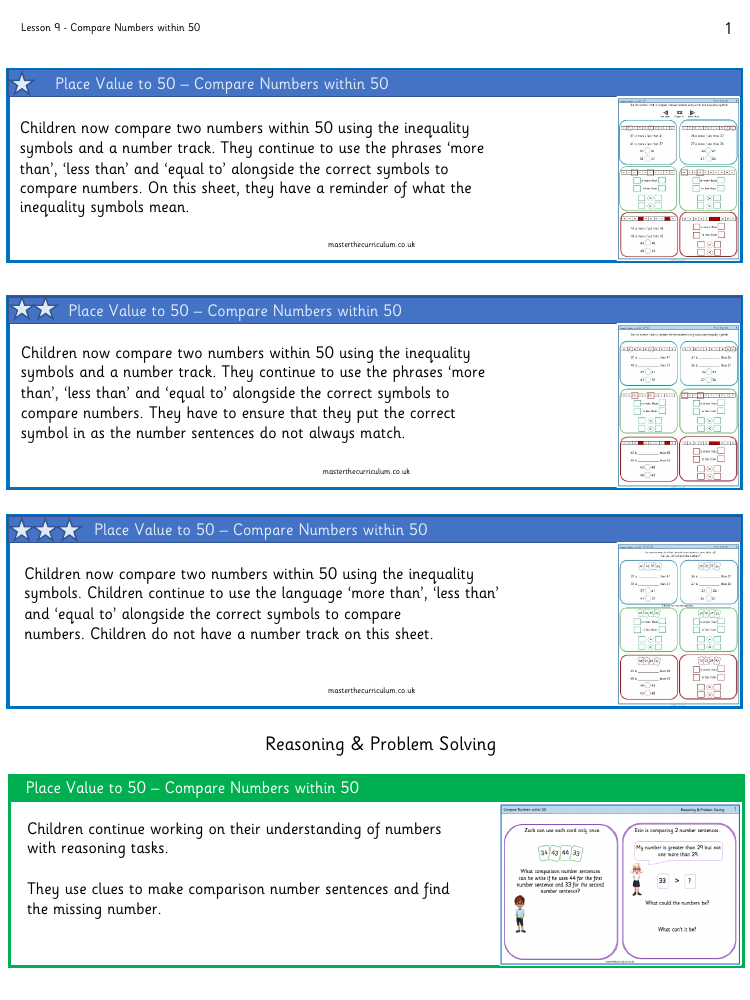 Place Value within 50 - Compare numbers within 50 - Worksheet