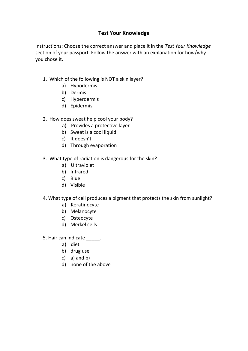 Integumentary System - Test your Knowledge