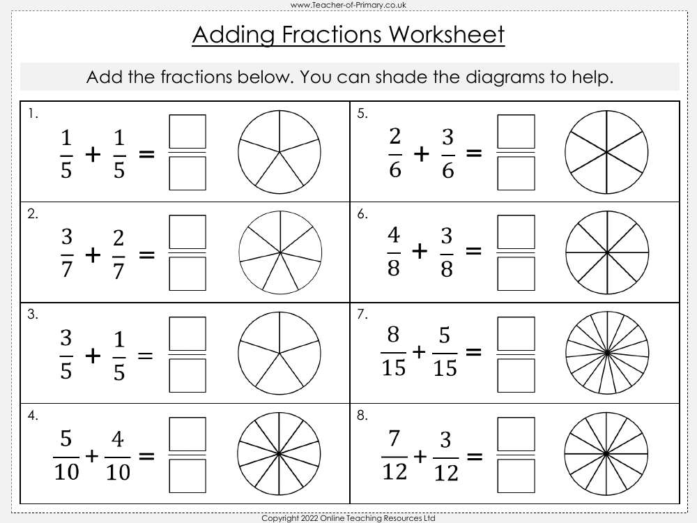 adding fractions worksheets