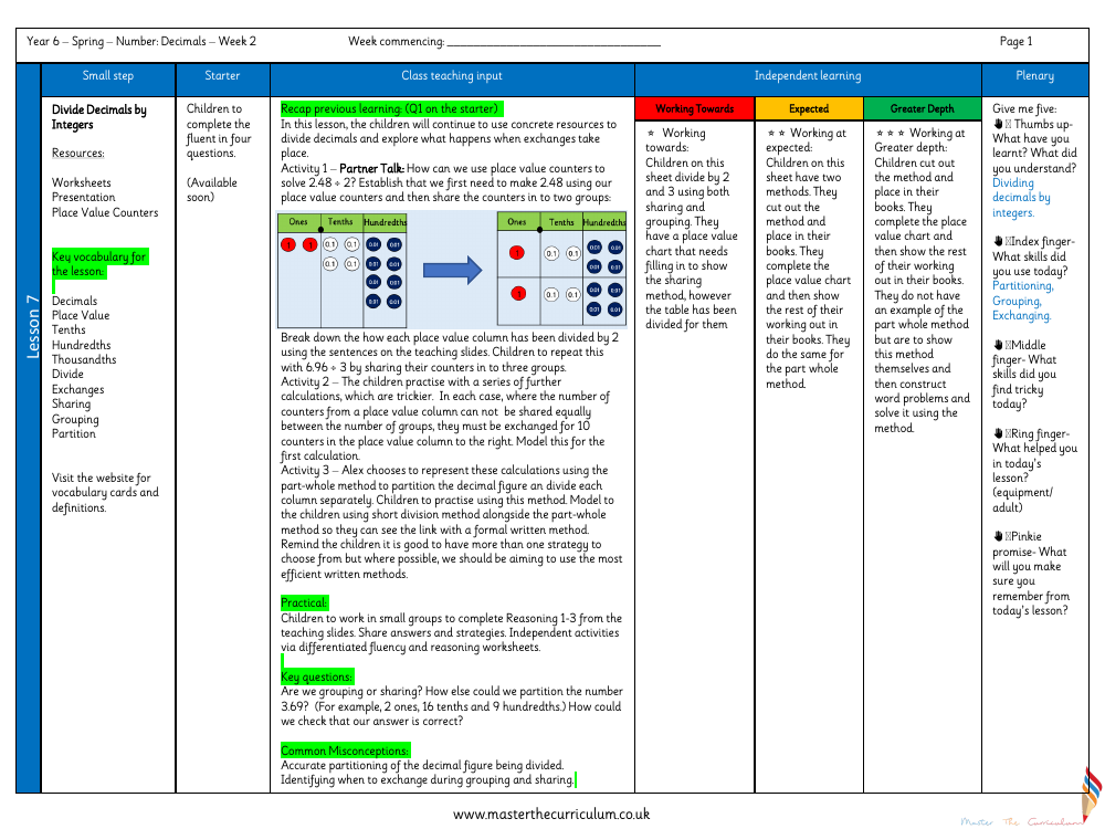 Decimal - Divide Decimals by Integers - Planning