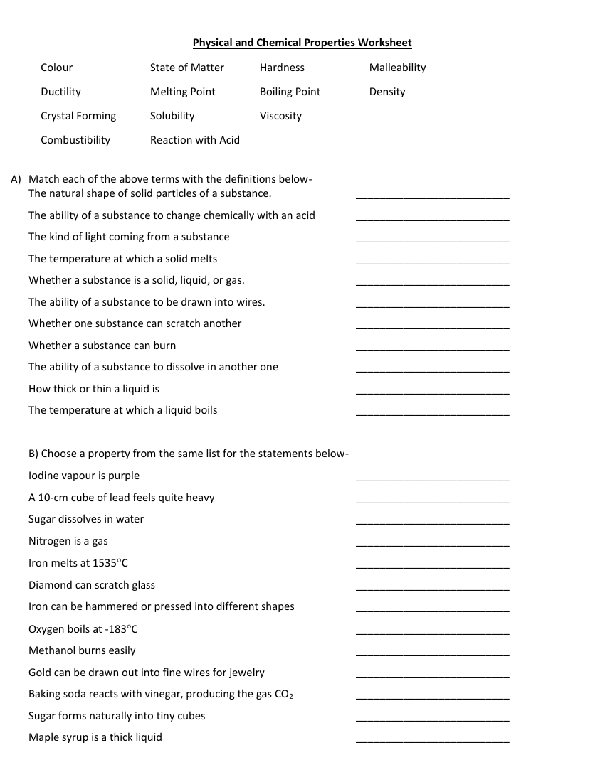 Physical and Chemical Properties Worksheet Science 7th Grade