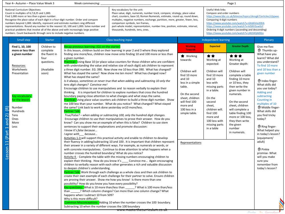 Place value - Find 1, 10, 100 more or less than a given number - Planning