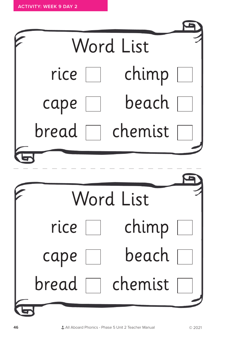 Week 9, lesson 2 Word List activity - Phonics Phase 5, unit 2 - Worksheet