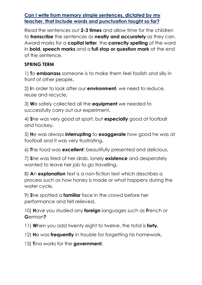 Spellings Dictation Year 5 and Year 6 - Spring Term Worksheet