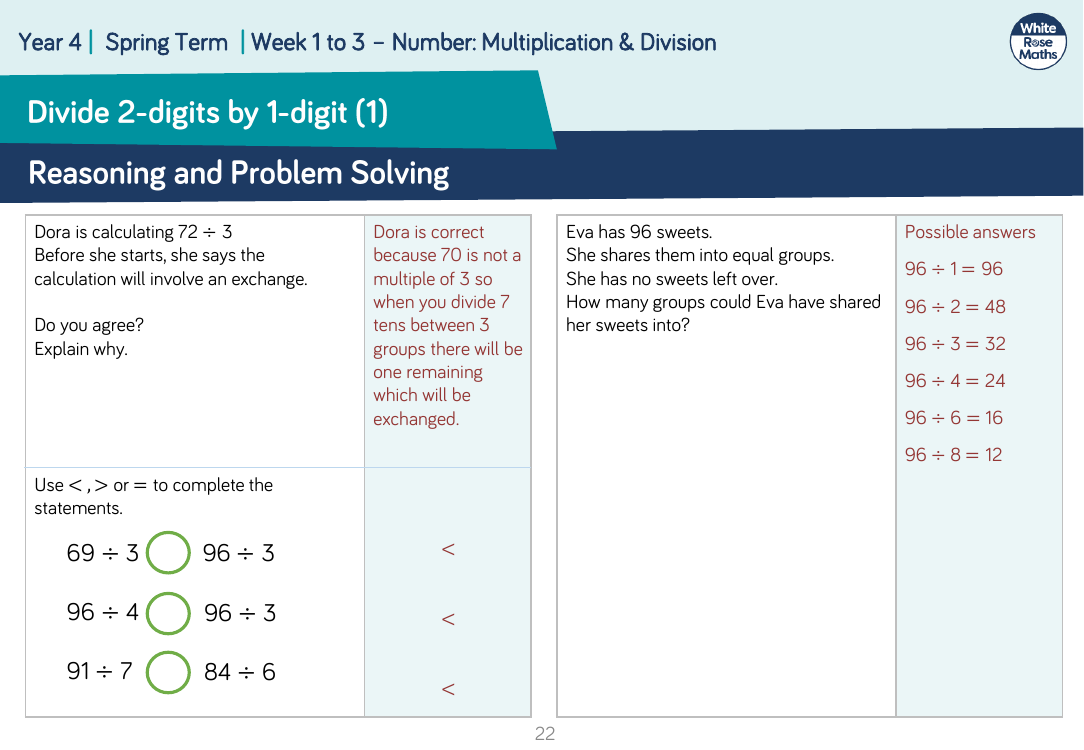 Divide 2-digits by 1-digit (1): Reasoning and Problem Solving