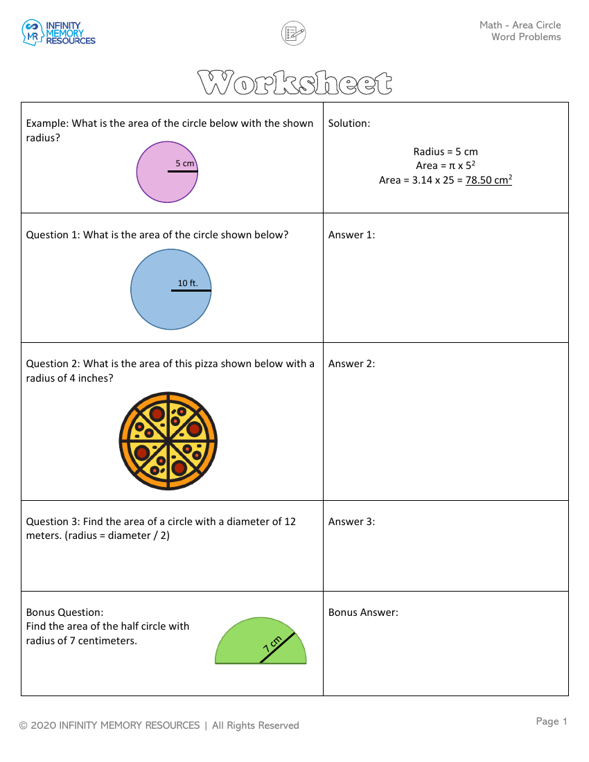 Area Circle - Matching Worksheet