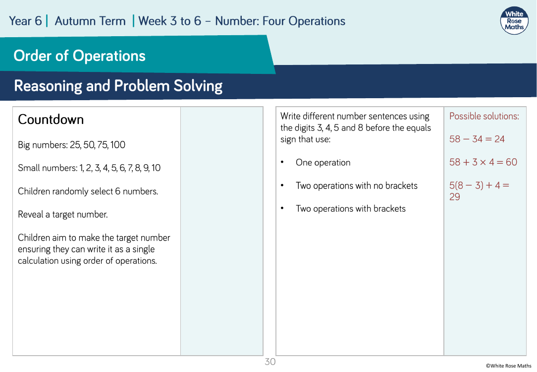 Order of operations: Reasoning and Problem Solving