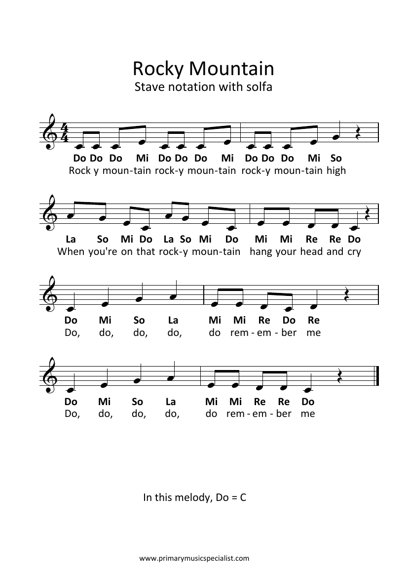 Instrumental Year 6 Stave Notation Sheets - Rocky mountain stave notation solfa