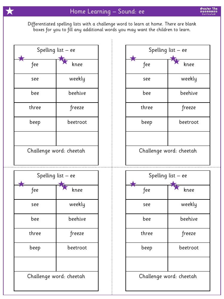 Spelling - Home learning - Sound ee