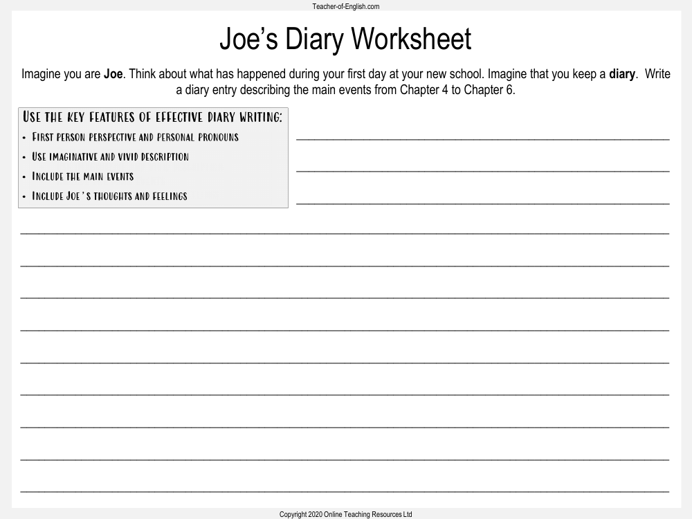 Billionaire Boy - Lesson 4 - Joes Diary Worksheet