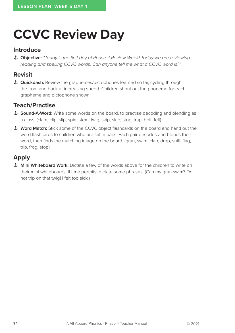 Week 5, lesson 1 CCVC Review Day - Phonics Phase 4 - Lesson plan