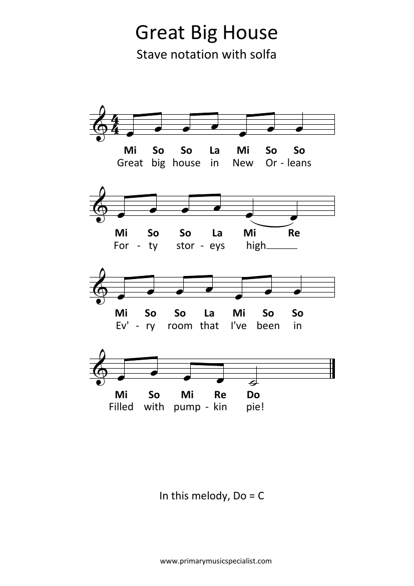 Instrumental Year 5 Stave Notation Sheets - Great big house stave notation solfa